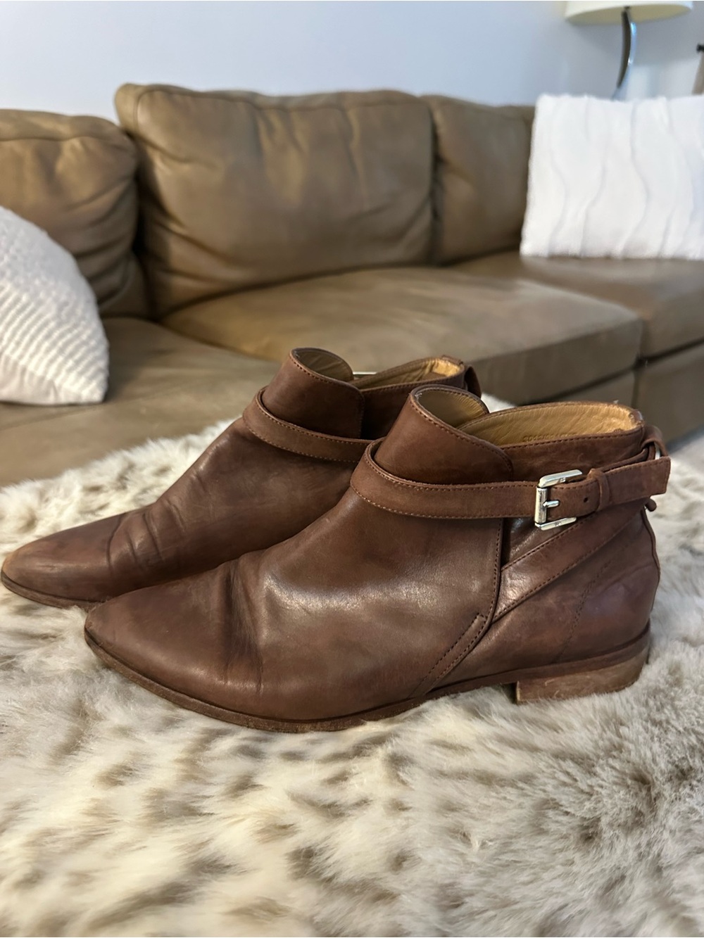 Massimo Dutti Brown Genuine Leather Ankle Booties with Buckle Strap